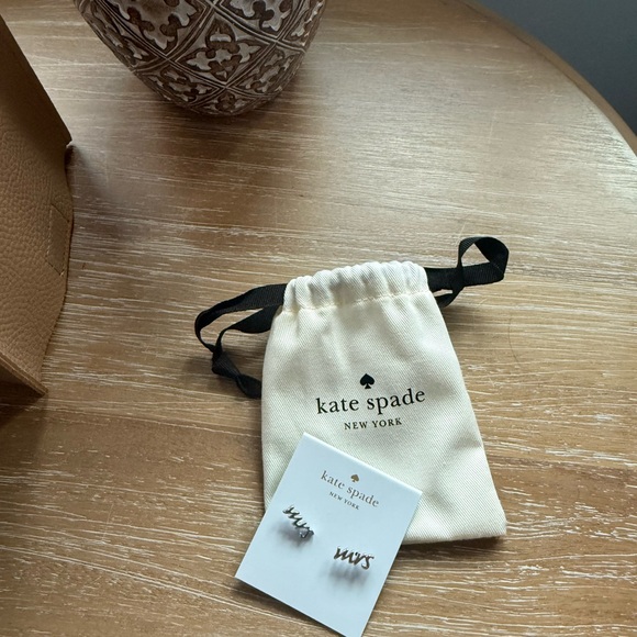 kate spade Silver 'mrs' Script Stud Earrings with Cream Drawstring Pouch - Picture 2 of 4